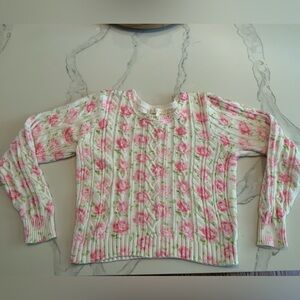 LoveShackFancy Pink Floral Cable Knit Sweater